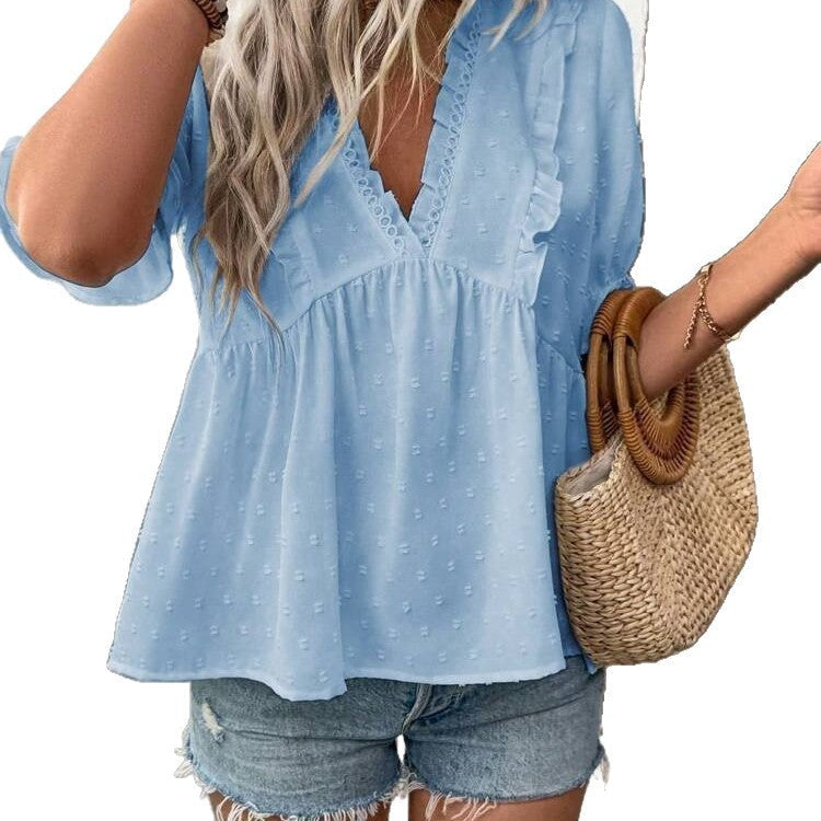 Womens French-style Short-sleeve V-neck Top