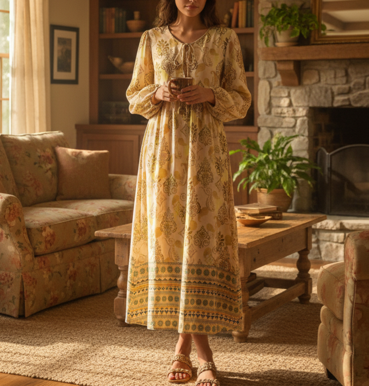 Women's Loose Bohemian Flared Dress with Embroidered Tassel