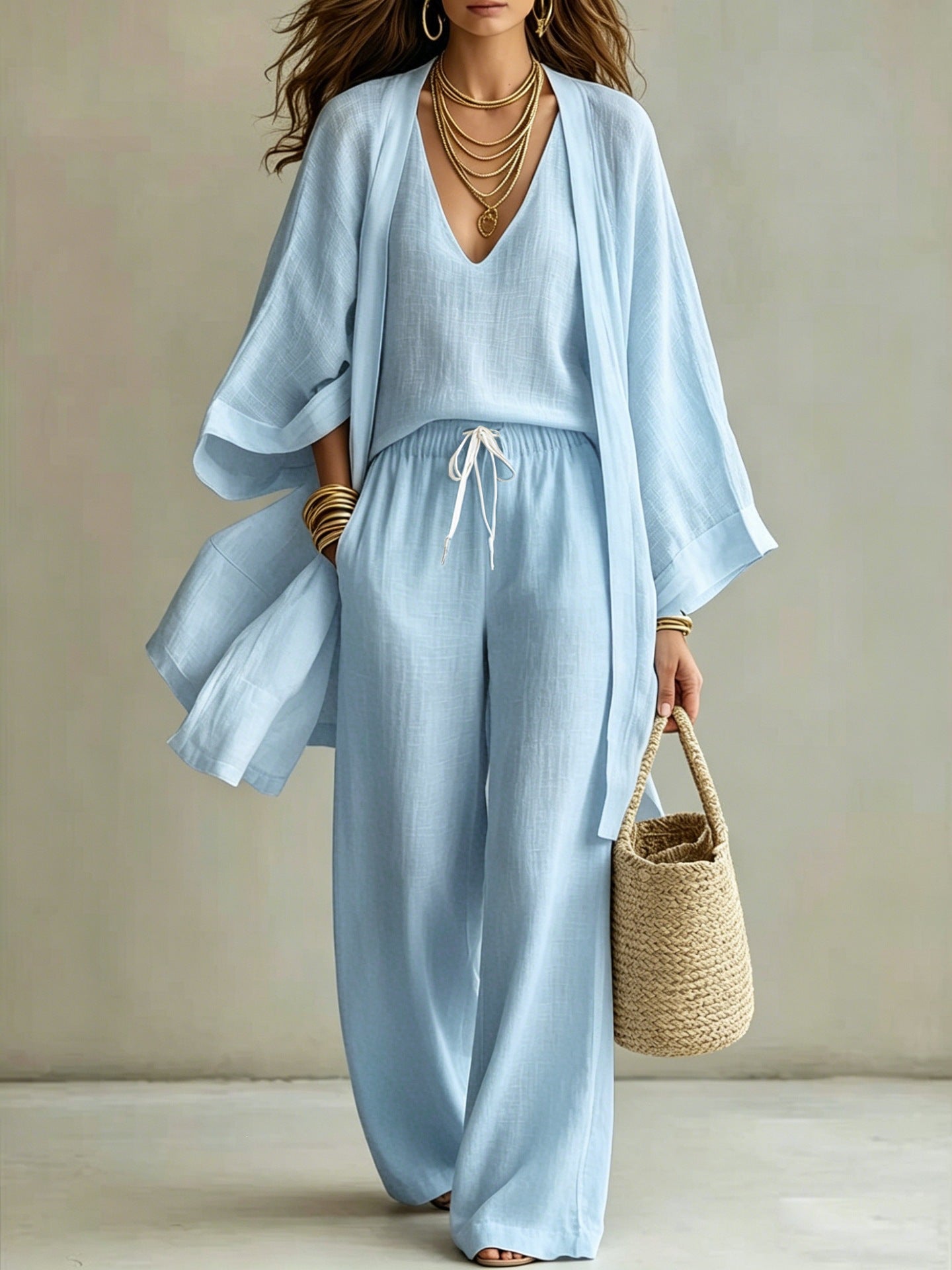 Women's 3-Piece Cardigan, Sleeveless Top & Wide Leg Pants Set