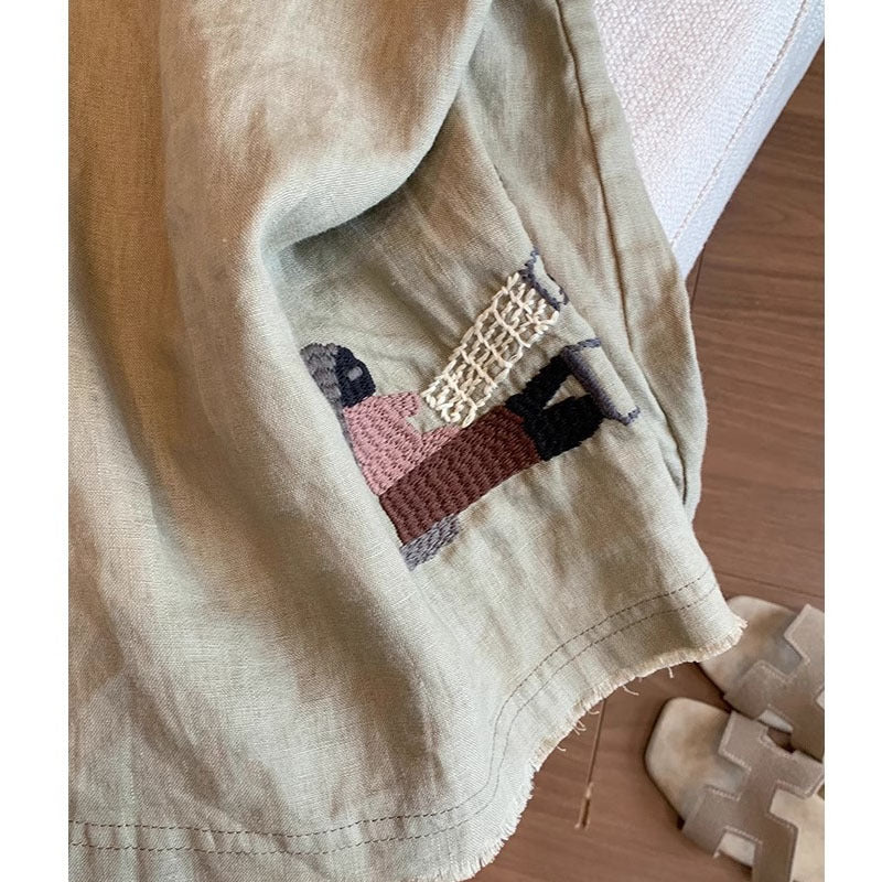Womens Sleeveless Linen Top With Cartoon Embroidery
