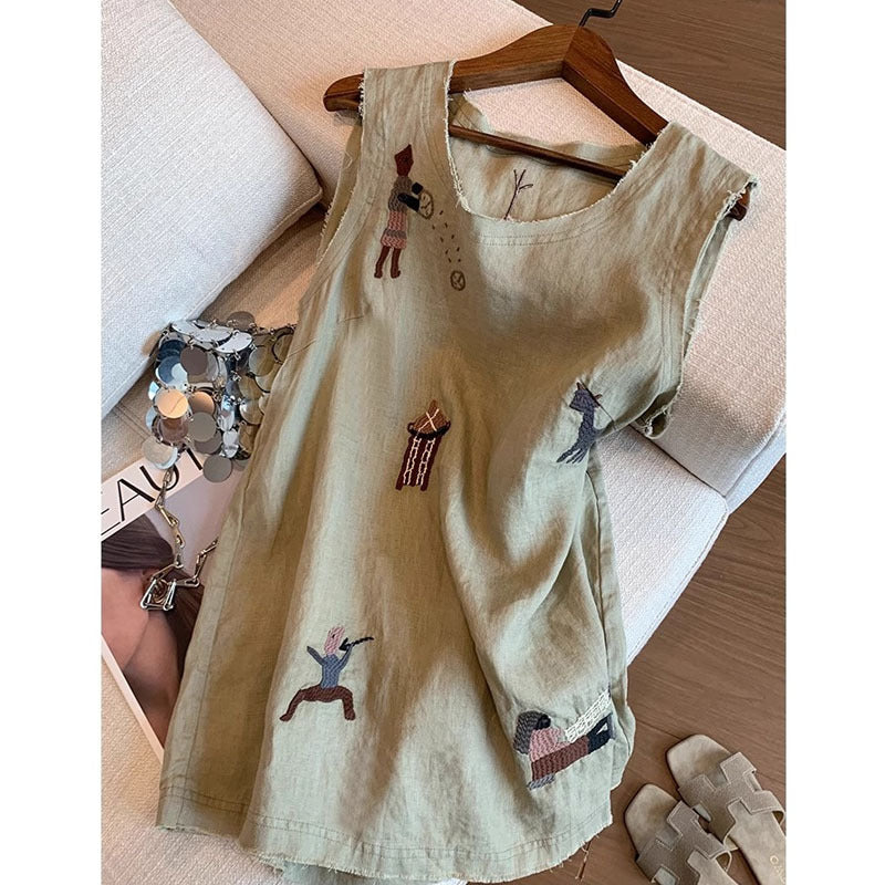 Womens Sleeveless Linen Top With Cartoon Embroidery