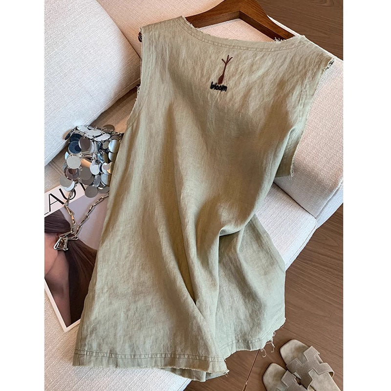 Womens Sleeveless Linen Top With Cartoon Embroidery