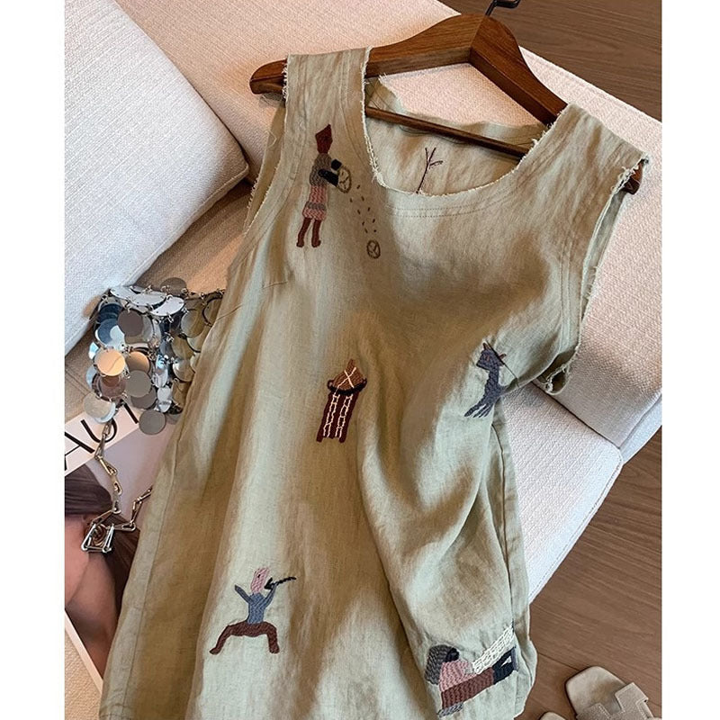 Womens Sleeveless Linen Top With Cartoon Embroidery