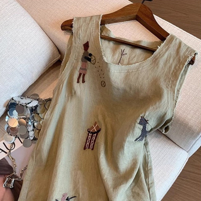 Womens Sleeveless Linen Top With Cartoon Embroidery
