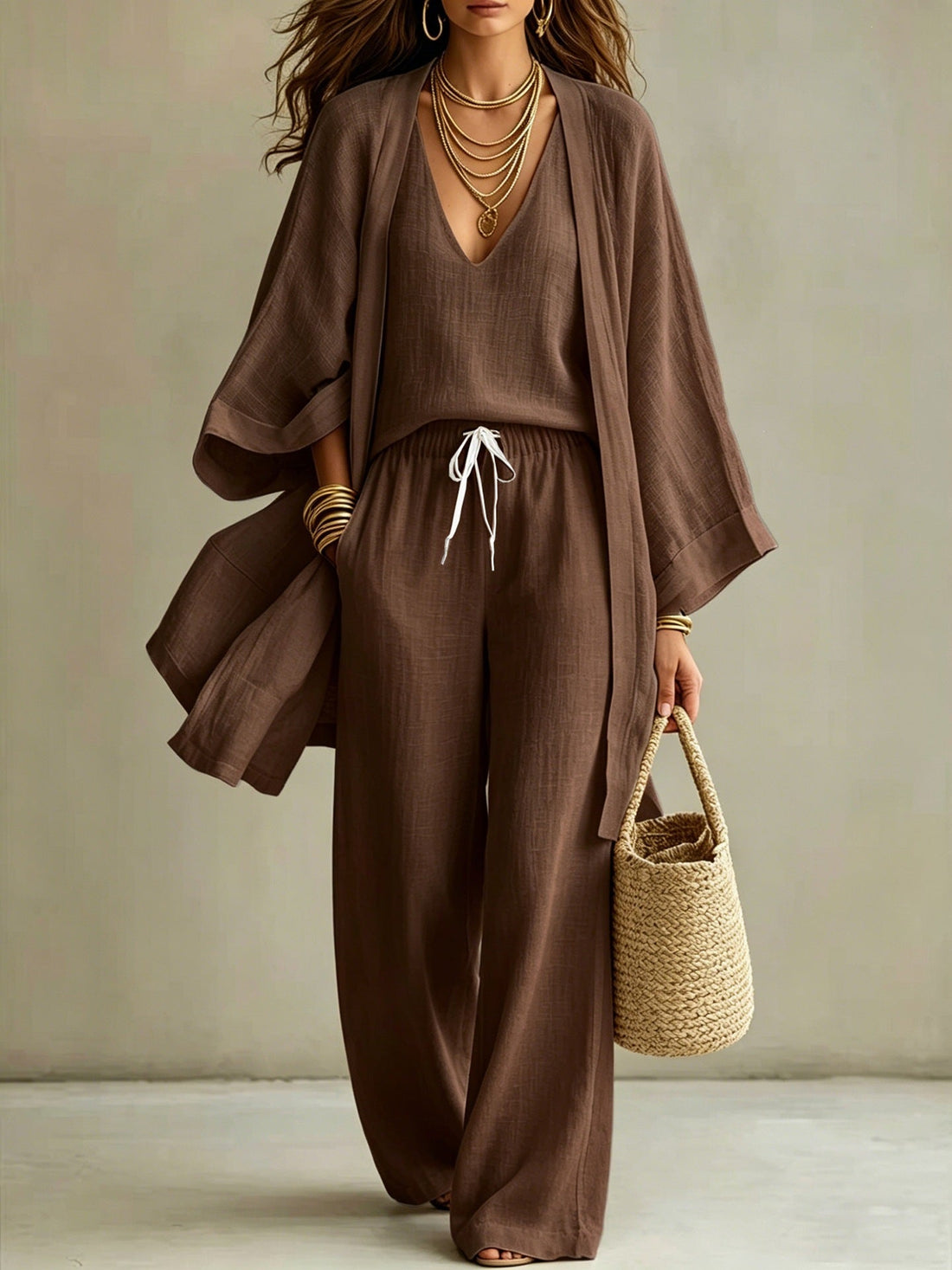 Women's 3-Piece Cardigan, Sleeveless Top & Wide Leg Pants Set