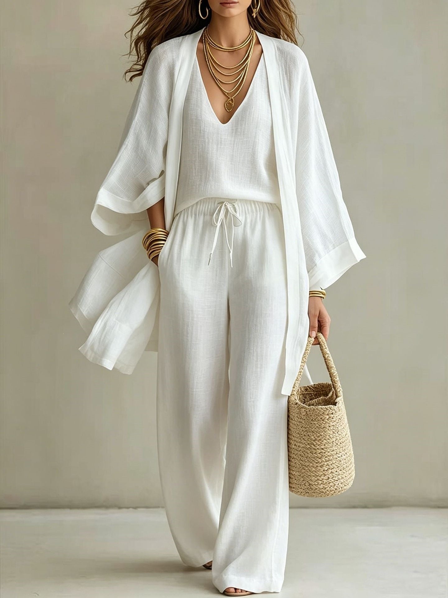 Women's 3-Piece Cardigan, Sleeveless Top & Wide Leg Pants Set