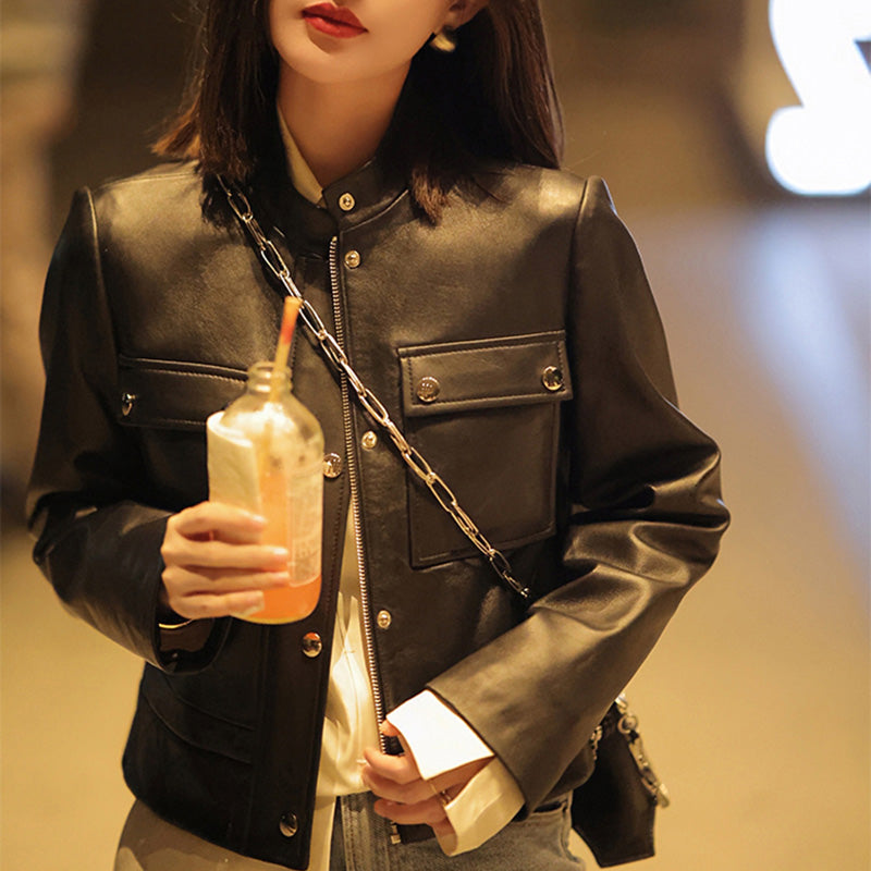 Black Sheepskin Leather Jacket Women's