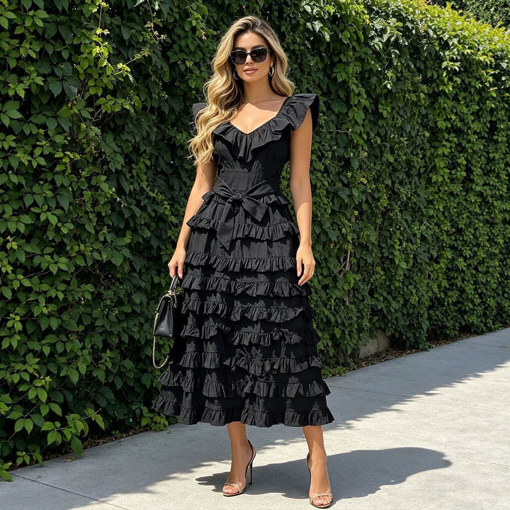 Summer Elegant  V Neck, Waist Controlled, Slimming Tiered Woman's Dress