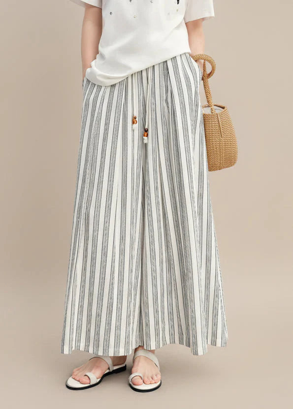Cotton-Linen Wide Leg Pants Striped Resort Wear