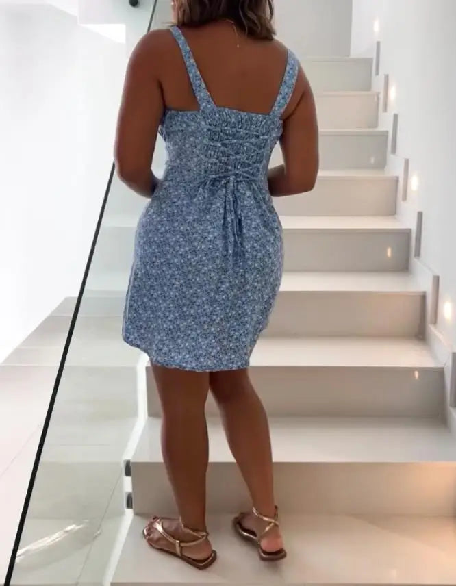 Woman's Mini Dress, Summer Casual, U-Neck Camisole Fresh Floral Print Flower Print, Lace Up Vacation Dress