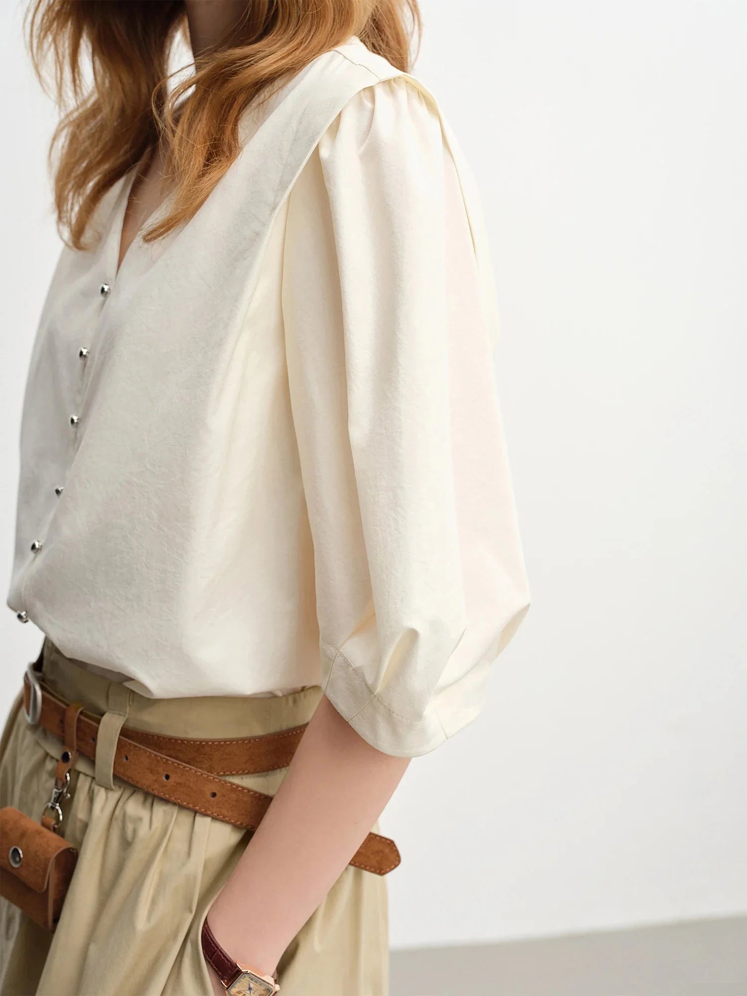 Women’s V-Neck Half Sleeve Blouse Slim Fit Commuter Top