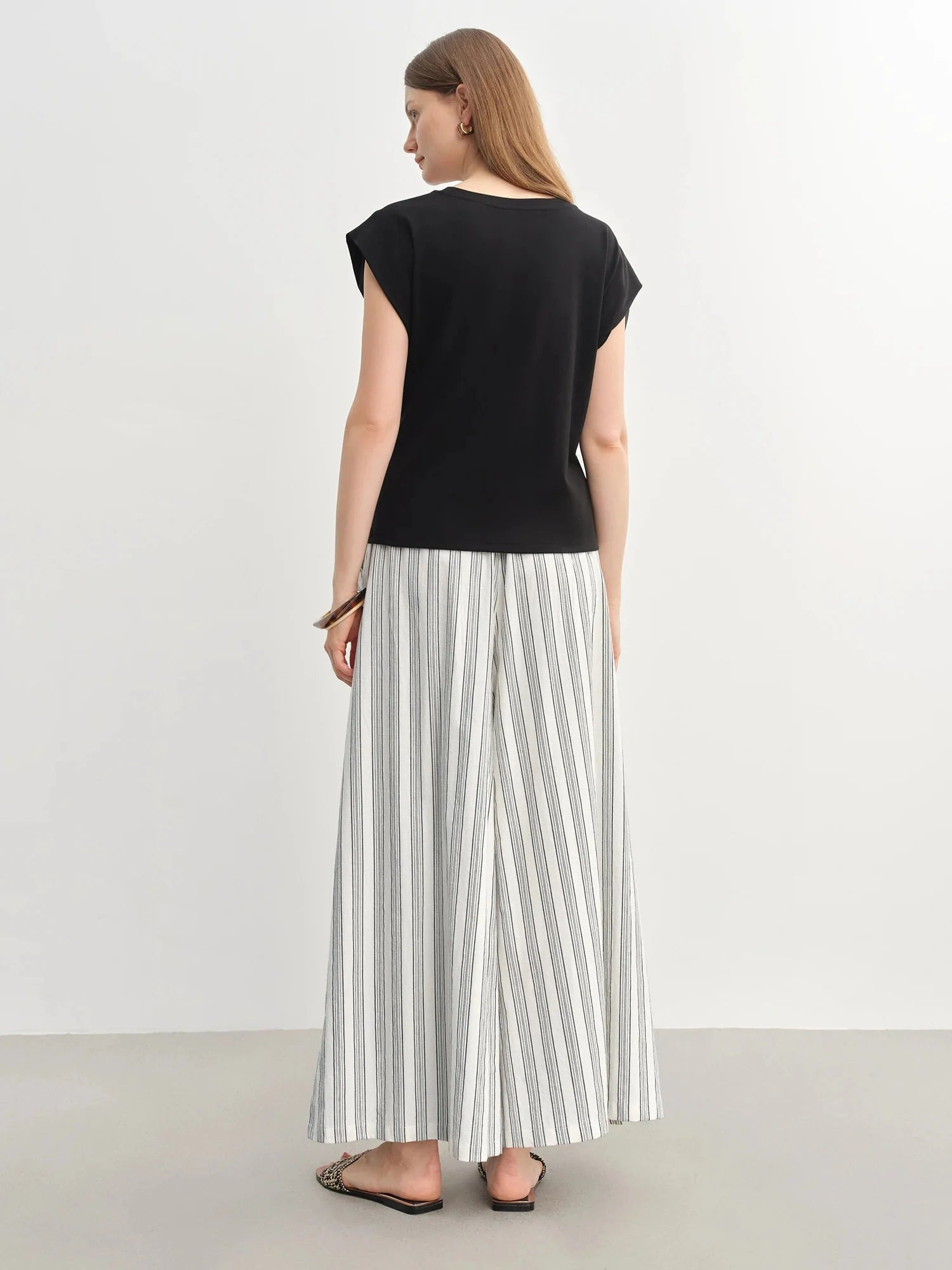 Cotton-Linen Wide Leg Pants Striped Resort Wear