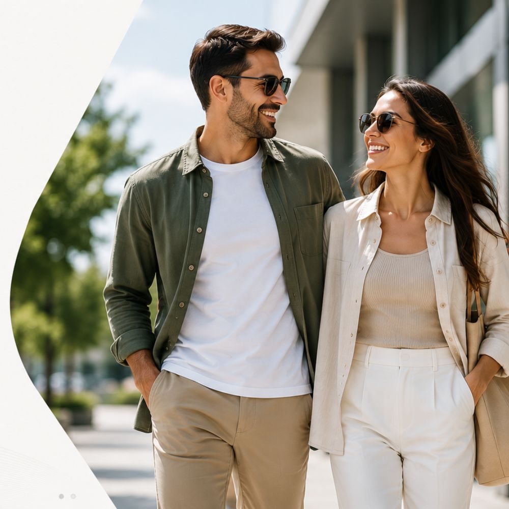 Man and woman walking together on a street, both wearing sunglasses.
