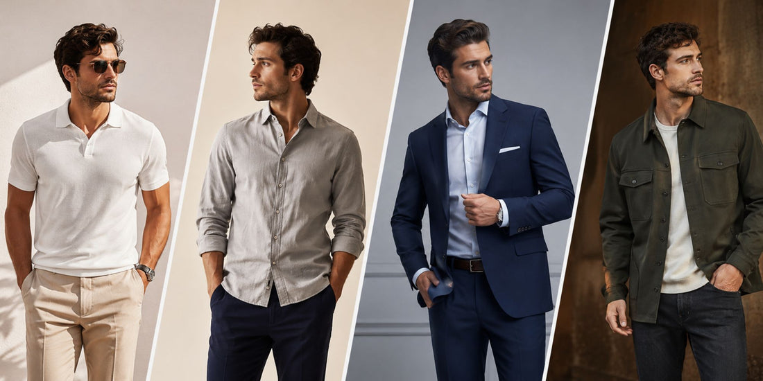 Four men in different outfits standing against various backgrounds
