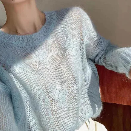 Women's Solid Color Hollow Knit Pullover Sweater