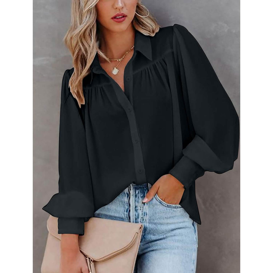 Women's Sheer Blouse with Plain Buttons, Long Sleeves