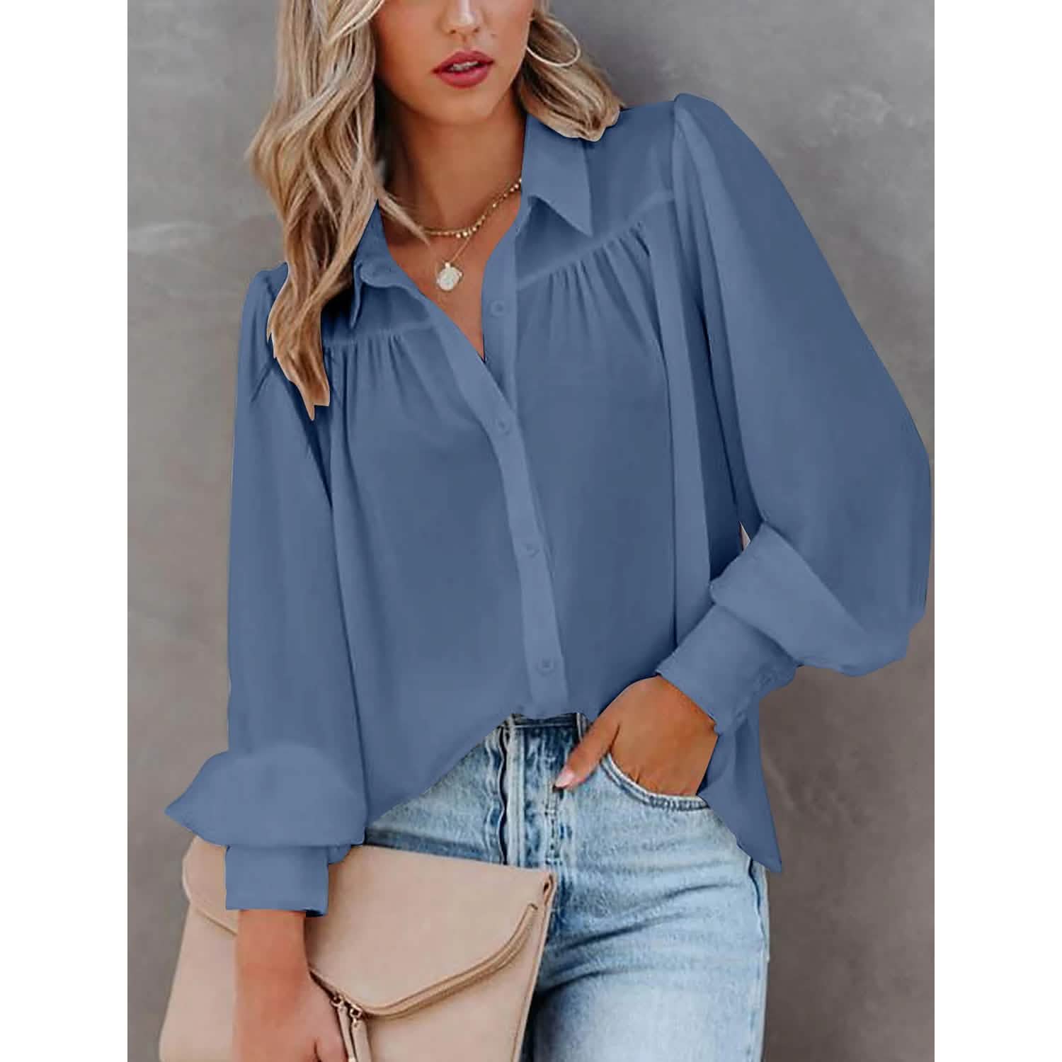 Women's Sheer Blouse with Plain Buttons, Long Sleeves