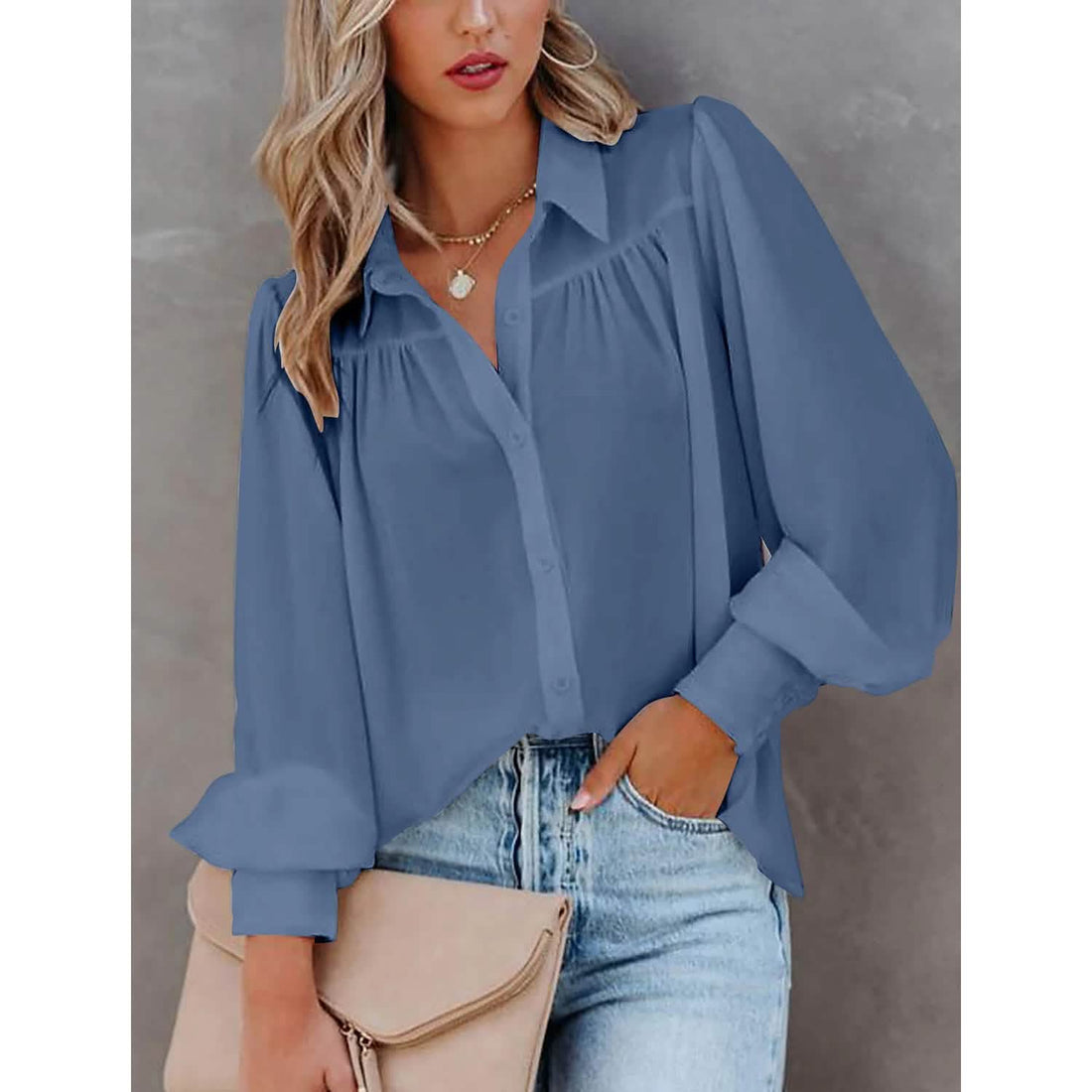 Women's Sheer Blouse with Plain Buttons, Long Sleeves
