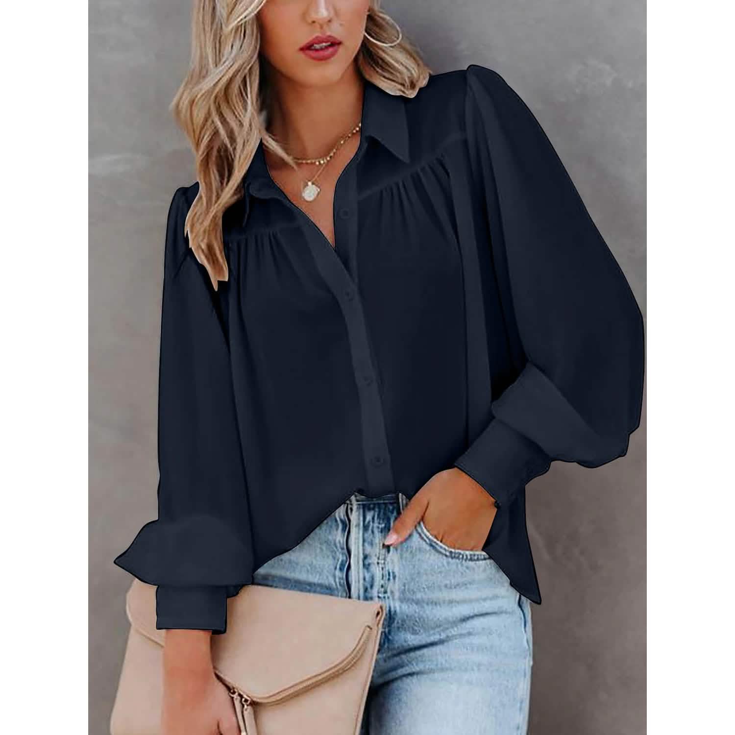 Women's Sheer Blouse with Plain Buttons, Long Sleeves
