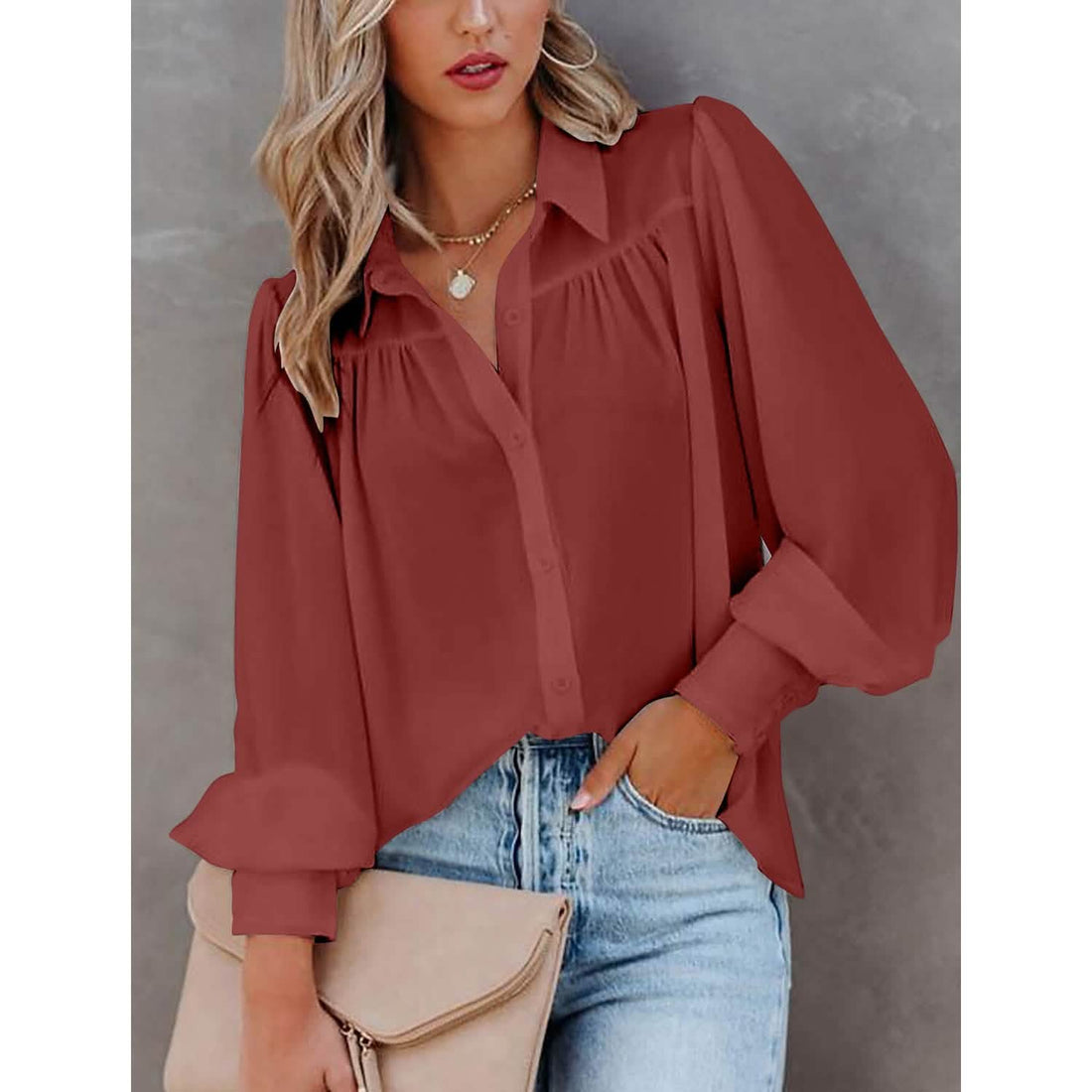 Women's Sheer Blouse with Plain Buttons, Long Sleeves