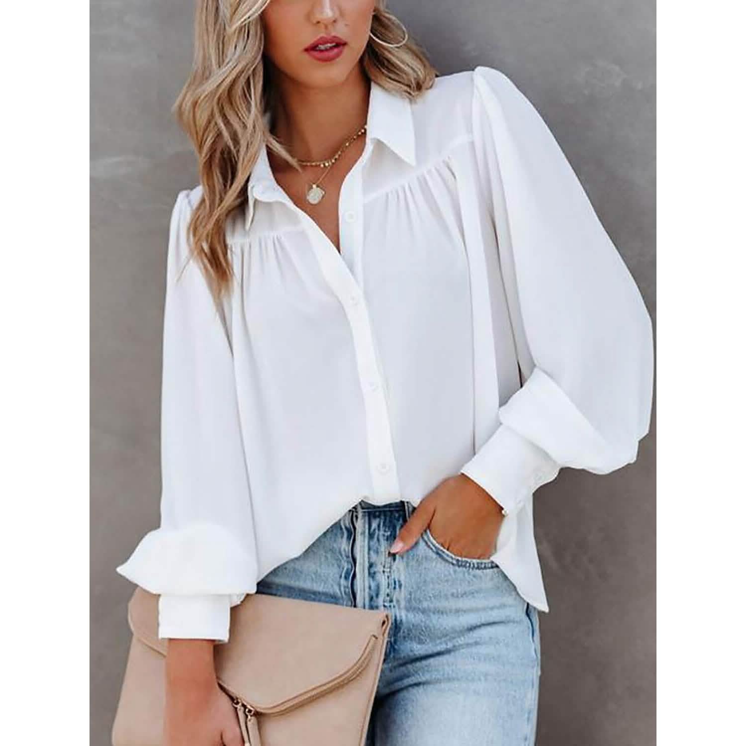 Women's Sheer Blouse with Plain Buttons, Long Sleeves